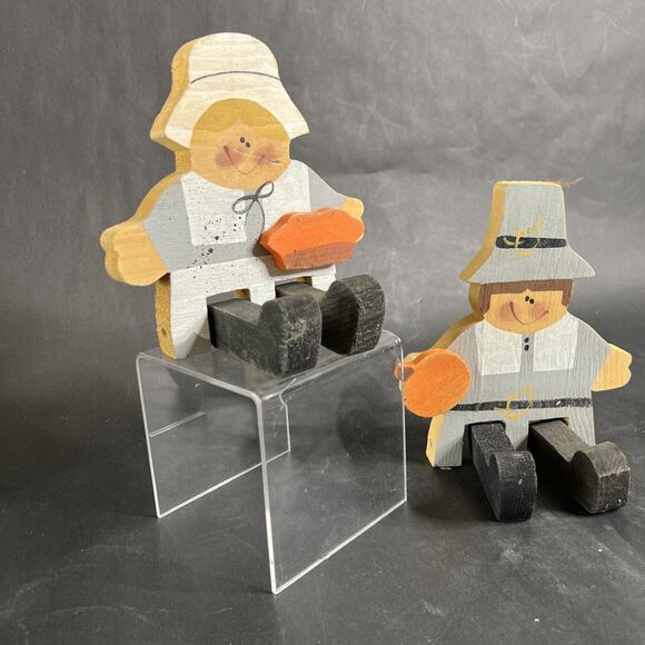 VTG Thanksgiving Shelf Sitters Pilgrm Boy Girl Turkey Set of 2 signed Hand Paint - Picture 2 of 9
